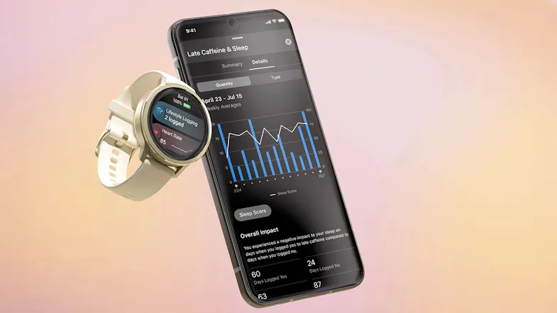 A Garmin smartwatch and a phone showing sleep score and caffeine data A Garmin smartwatch and a phone showing sleep score and caffeine data