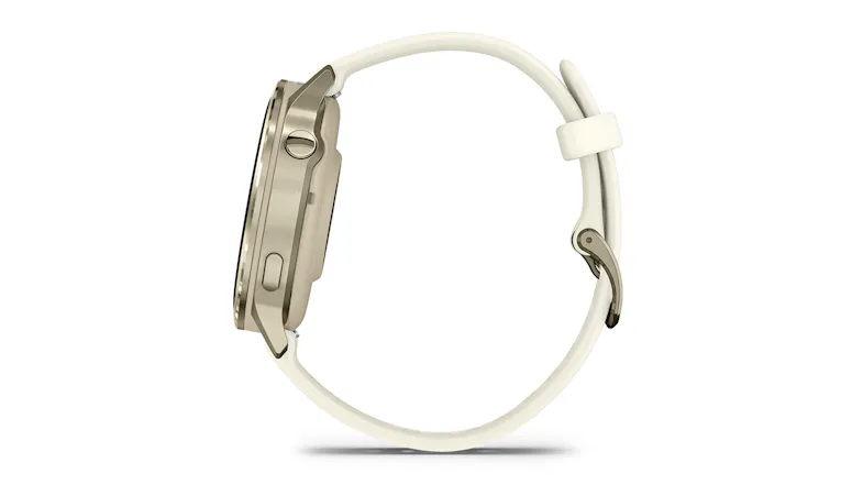 A left-side view of the brushed metal watch with two buttons and a band A left-side view of the brushed metal watch with two buttons and a band