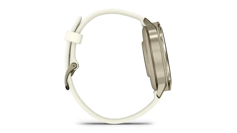 A right-side view of the lunar gold watch with curved band and buckle A right-side view of the lunar gold watch with curved band and buckle