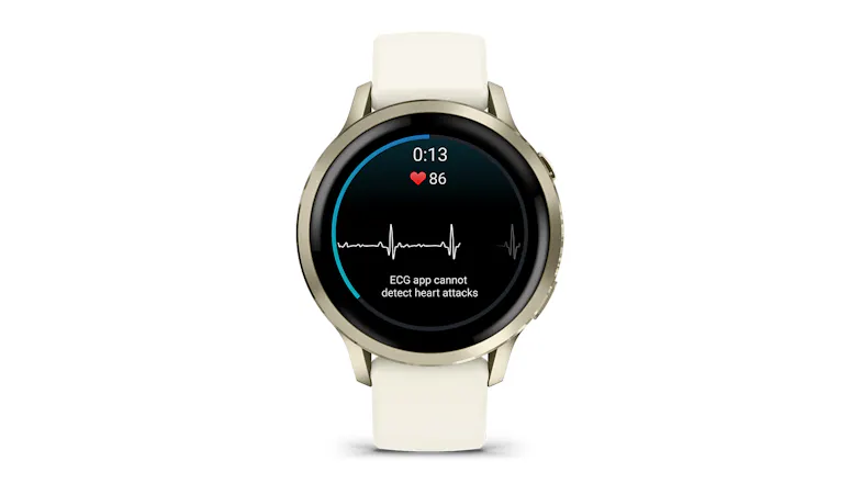 A front view of the Venu 4 showing ECG at 86 bpm with waveform A front view of the Venu 4 showing ECG at 86 bpm with waveform