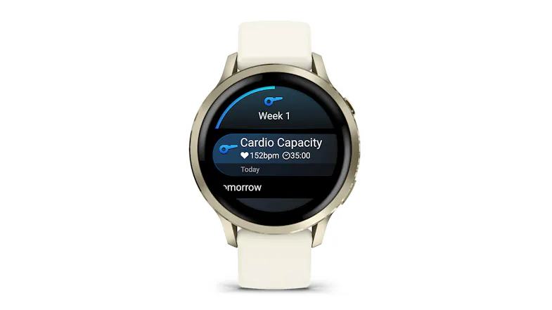 A front view of the Garmin Venu 4 showing BPM cardio data A front view of the Garmin Venu 4 showing BPM cardio data
