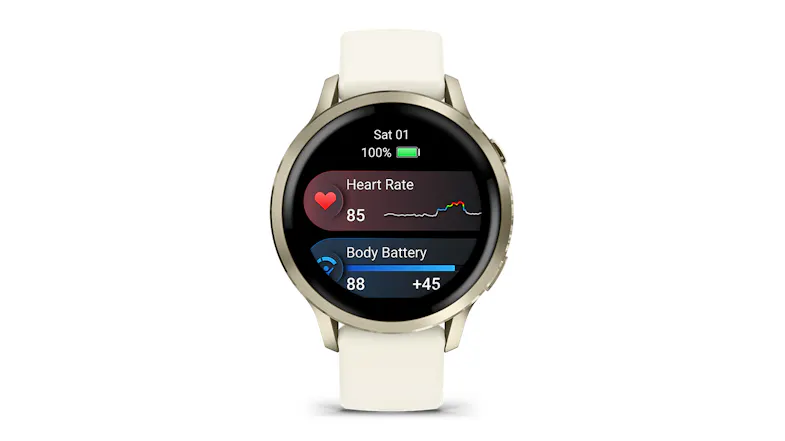 A front view of the Garmin Venu 4 showing heart rate and body battery A front view of the Garmin Venu 4 showing heart rate and body battery