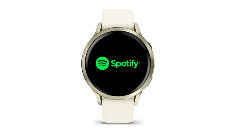 A front view of the smartwatch showing the Spotify logo in green A front view of the smartwatch showing the Spotify logo in green