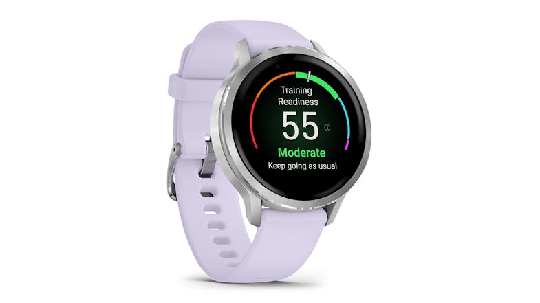 A front right-side view of the Garmin Venu 4 Smartwatch showing moderate training readiness A front right-side view of the Garmin Venu 4 Smartwatch showing moderate training readiness