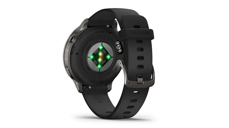 A rear view of the slate gold smartwatch with a black silicone band A rear view of the slate gold smartwatch with a black silicone band