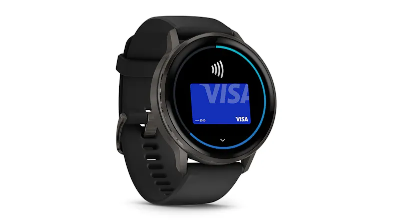 A front right-side view of the Garmin Venu 4 Smartwatch showing a Visa card for payment A front right-side view of the Garmin Venu 4 Smartwatch showing a Visa card for payment