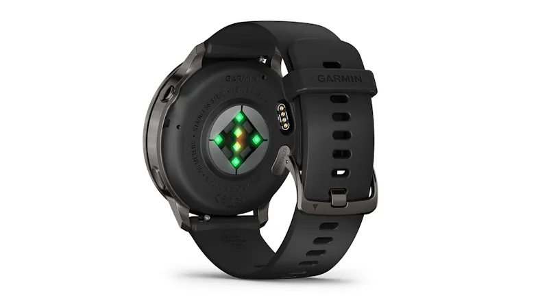 A rear view of the slate smartwatch with a black silicone band A rear view of the slate smartwatch with a black silicone band