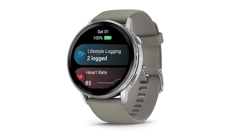 A front left-side view of the Garmin Smartwatch showing bpm and lifestyle logs A front left-side view of the Garmin Smartwatch showing bpm and lifestyle logs