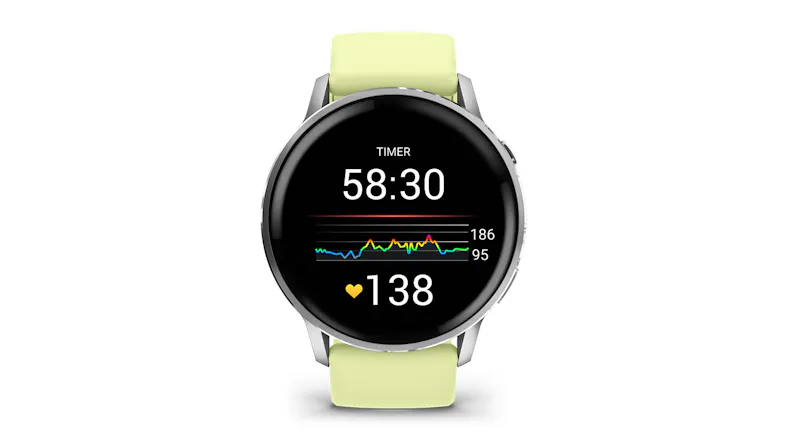 A front view of the Venu 4 Smartwatch showing the timer and bpm A front view of the Venu 4 Smartwatch showing the timer and bpm