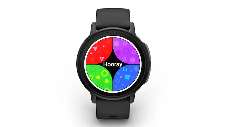 A front view of the Bounce 2 Smartwatch showing “Hooray” and four patterned quadrants A front view of the Bounce 2 Smartwatch showing “Hooray” and four patterned quadrants