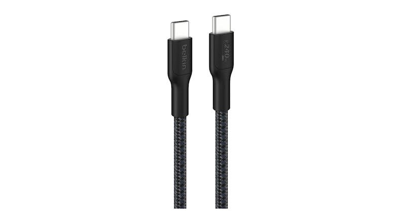 A black USB-C cable with Belkin markings A black USB-C cable with Belkin markings