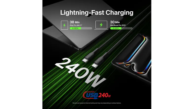 A Belkin BoostCharge Pro USB-C to USB-C cable showing lightning-fast charging metrics A Belkin BoostCharge Pro USB-C to USB-C cable showing lightning-fast charging metrics
