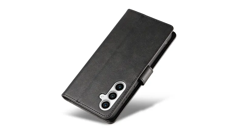 A rear view of a black phone case showing the phone's triple lens A rear view of a black phone case showing the phone's triple lens