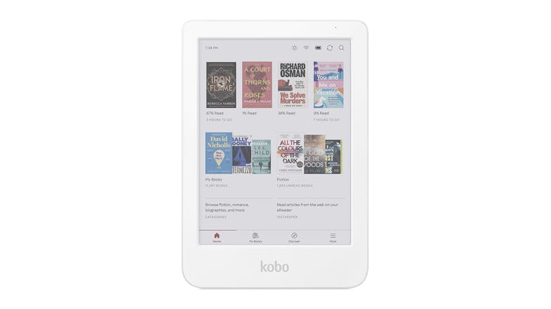 A front view of a white Kobo Clara home screen showing book covers A front view of a white Kobo Clara home screen showing book covers
