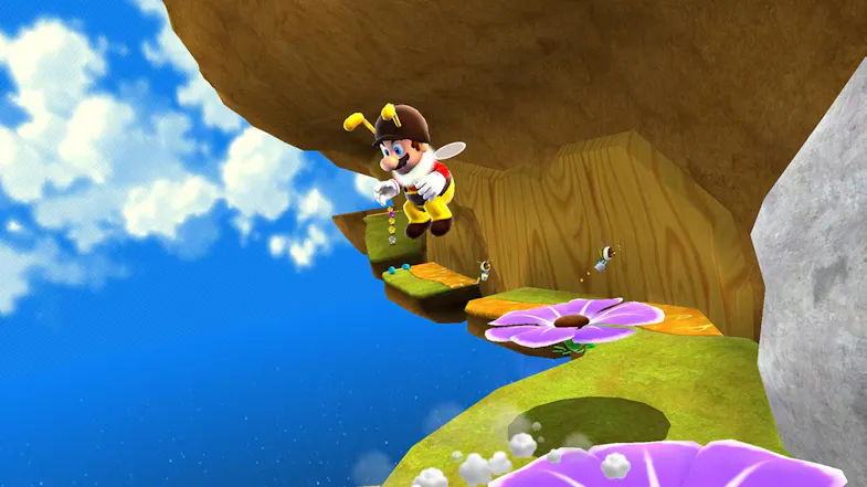Super Mario in a bee suit flies above grassy platforms Super Mario in a bee suit flies above grassy platforms