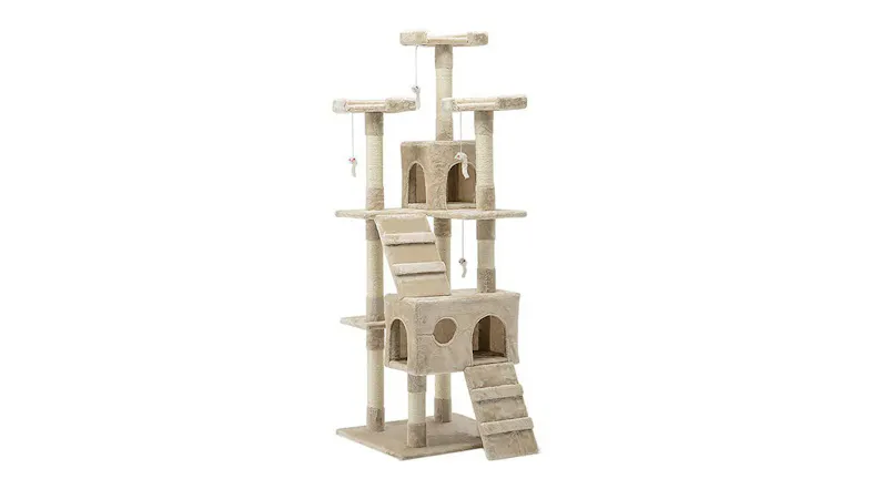 A multi-level cat tree with ramps, platforms, and hanging toys A multi-level cat tree with ramps, platforms, and hanging toys