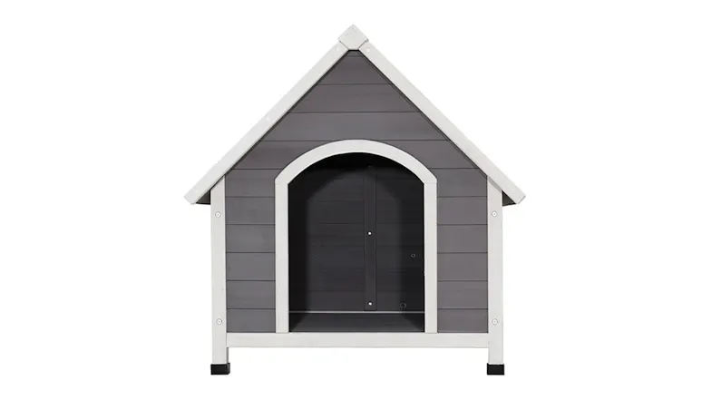A front angle of a wooden doghouse A front angle of a wooden doghouse