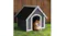 A dog resting inside a wooden doghouse A dog resting inside a wooden doghouse