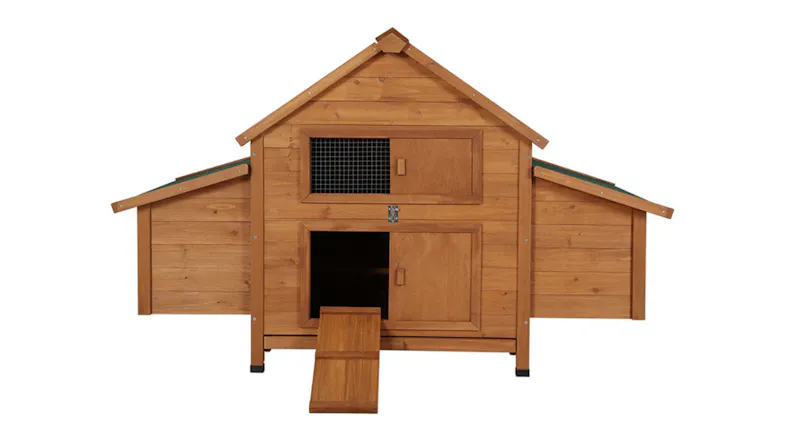 A front angle of a wooden chicken coop A front angle of a wooden chicken coop