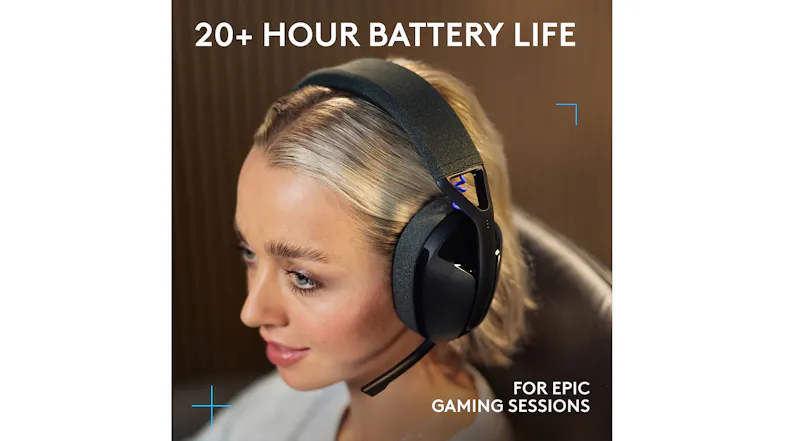 A headset ad with “20+ HOUR BATTERY LIFE” and a seated gamer A headset ad with “20+ HOUR BATTERY LIFE” and a seated gamer