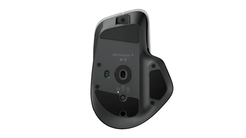 Bottom view of the Logitech mouse displaying sensor, power switch, and model name Bottom view of the Logitech mouse displaying sensor, power switch, and model name