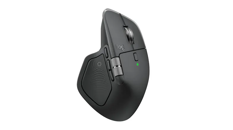 Angled side view of wireless mouse showing thumb rest and side buttons Angled side view of wireless mouse showing thumb rest and side buttons