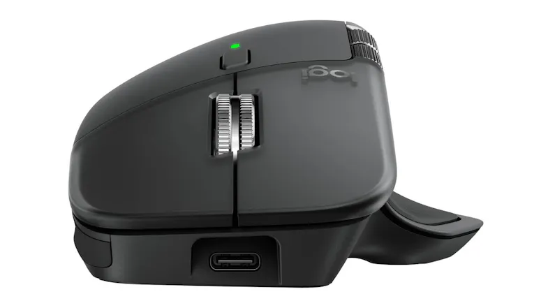 Front view of graphite mouse showing scroll wheel and USB-C charging port Front view of graphite mouse showing scroll wheel and USB-C charging port