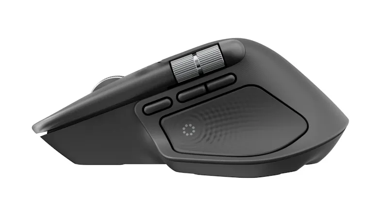 Side profile of a graphite mouse showing ergonomic shape with thumb buttons clearly visible Side profile of a graphite mouse showing ergonomic shape with thumb buttons clearly visible
