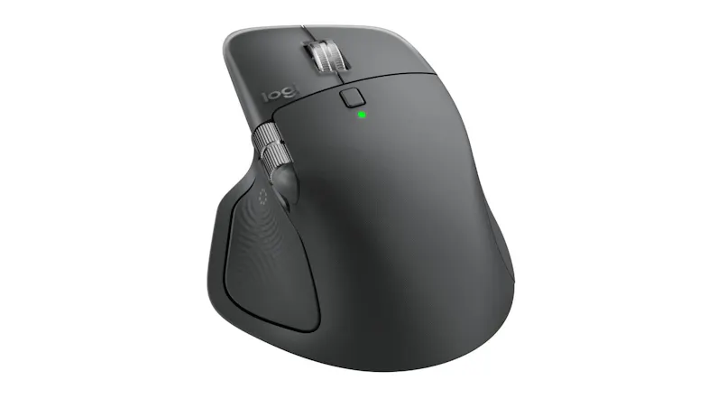 Rear angled view of graphite mouse highlighting contoured back design for comfortable grip Rear angled view of graphite mouse highlighting contoured back design for comfortable grip