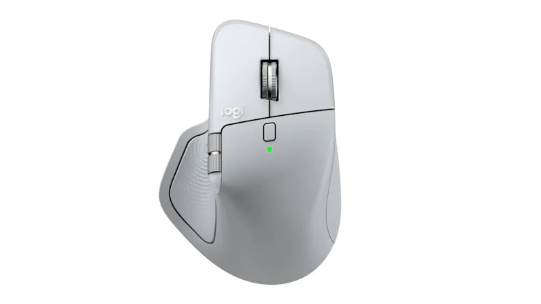 Top view of the Logitech MX Master 4 mouse in white silver, showing scroll wheel, logo, and green LED indicator Top view of the Logitech MX Master 4 mouse in white silver, showing scroll wheel, logo, and green LED indicator