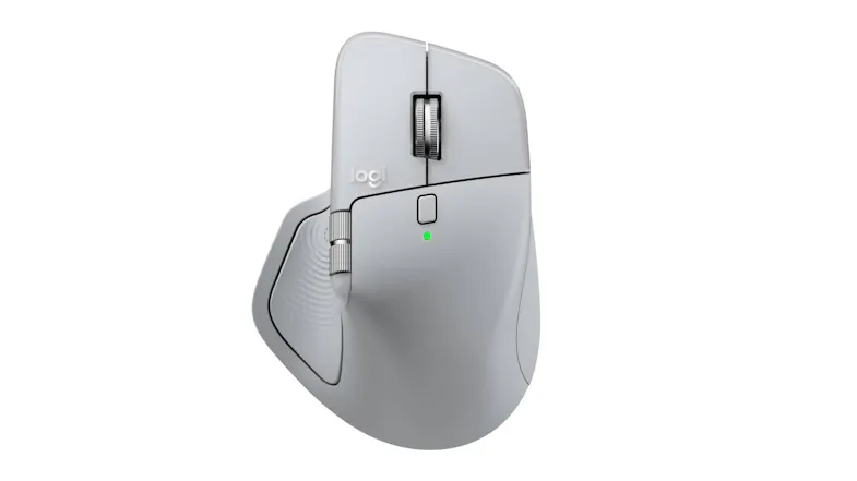 Top view of Logitech MX Master 4 mouse in pale grey, showing scroll wheel, logo, and green LED indicator Top view of Logitech MX Master 4 mouse in pale grey, showing scroll wheel, logo, and green LED indicator