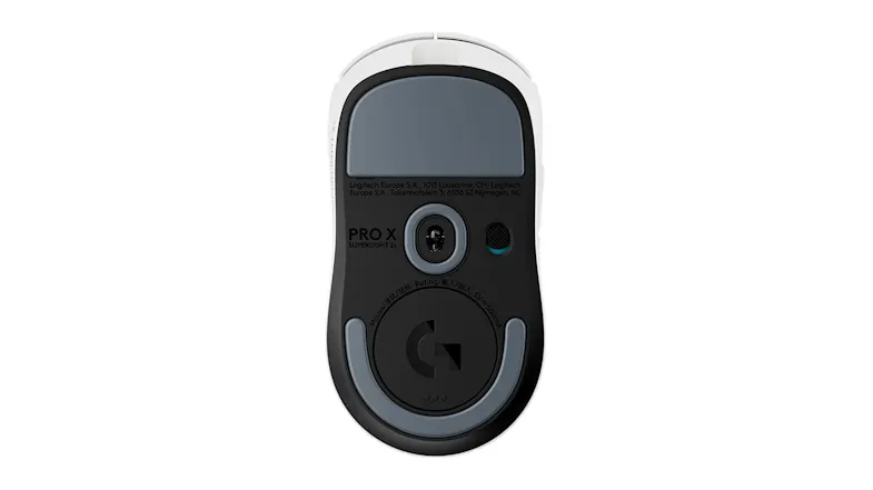 Bottom view of a wireless mouse showing the sensor and gliders Bottom view of a wireless mouse showing the sensor and gliders