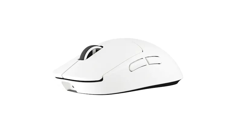 A sleek white mouse with two main buttons and side controls A sleek white mouse with two main buttons and side controls