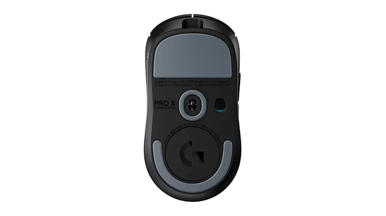 Bottom view of a wireless mouse showing the sensor and gliders Bottom view of a wireless mouse showing the sensor and gliders