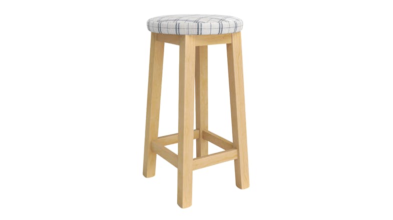 Light wood bar stool with plaid fabric round seat Light wood bar stool with plaid fabric round seat