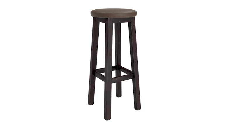 Dark oak wood bar stool with a round padded seat Dark oak wood bar stool with a round padded seat
