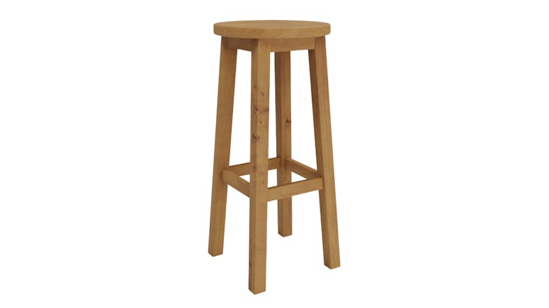 Light Rimu wood bar stool with a round solid wood seat Light Rimu wood bar stool with a round solid wood seat