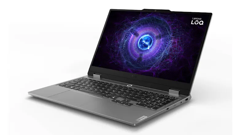 Left-facing front view of an open 15.6" gaming laptop displaying a vivid wallpaper Left-facing front view of an open 15.6" gaming laptop displaying a vivid wallpaper