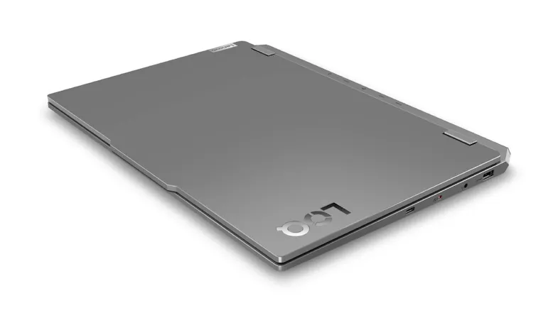 Top-down view of closed Lenovo LOQ laptop showing sleek grey finish and logo on the lid Top-down view of closed Lenovo LOQ laptop showing sleek grey finish and logo on the lid