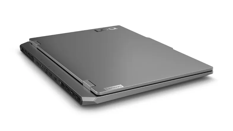 Angled rear view of closed Lenovo LOQ laptop showing cooling vents and rear ports Angled rear view of closed Lenovo LOQ laptop showing cooling vents and rear ports