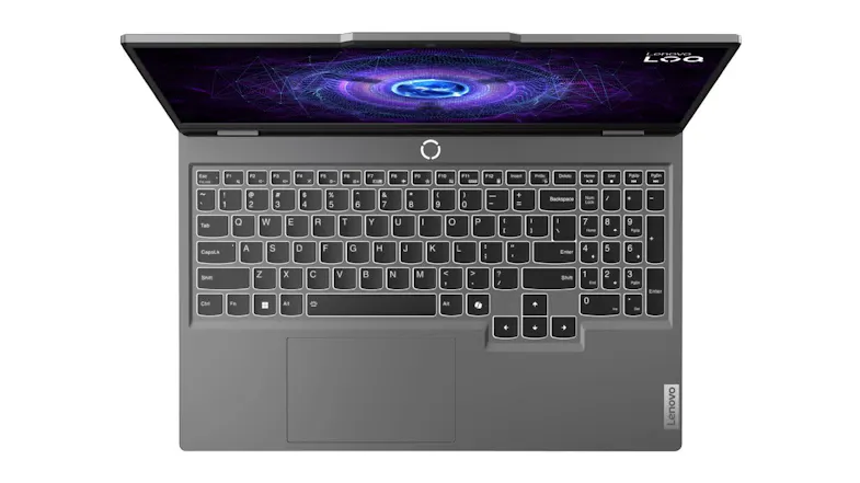 Top-down view of an open gaming laptop focusing on the full keyboard and touchpad layout Top-down view of an open gaming laptop focusing on the full keyboard and touchpad layout