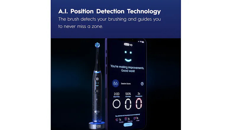 A brush and phone screen showing brushing stats and score A brush and phone screen showing brushing stats and score