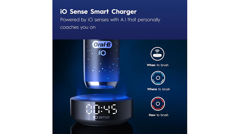An iO Sense smart charger with digital time and brushing guidance An iO Sense smart charger with digital time and brushing guidance
