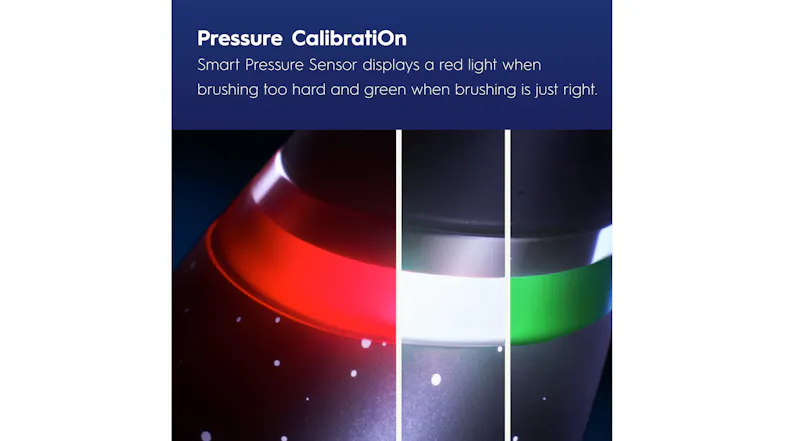 A brush showing red, white, and green indicator lights for brushing pressure A brush showing red, white, and green indicator lights for brushing pressure