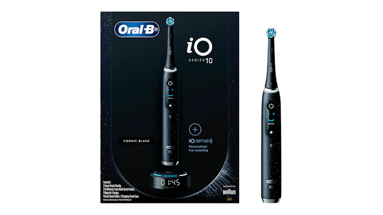 A sleek iO Series 10 brush beside branded packaging A sleek iO Series 10 brush beside branded packaging