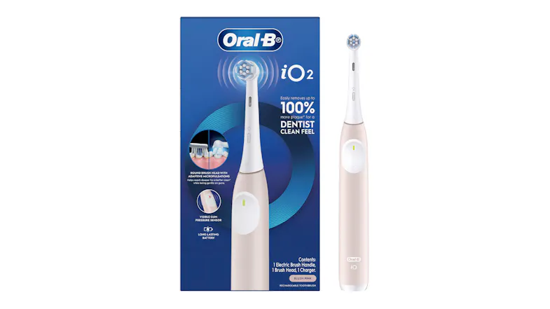 An iO2 toothbrush and a blue box listing smart features An iO2 toothbrush and a blue box listing smart features