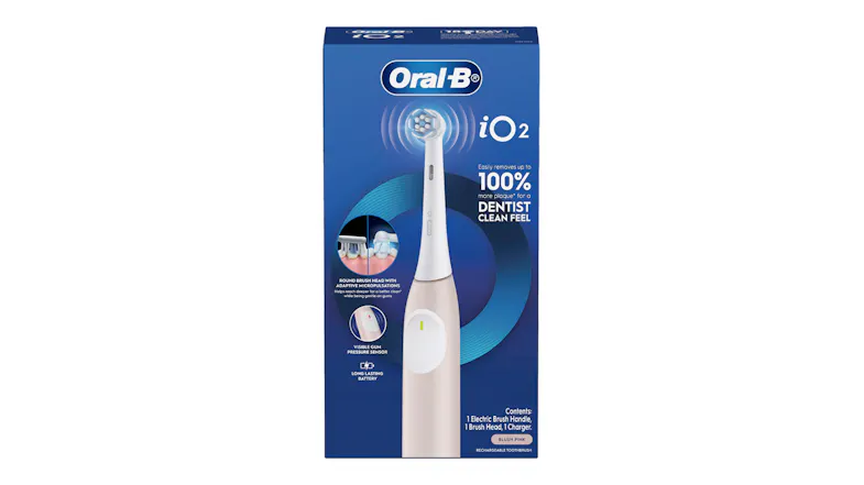 A box packaging of an electric toothbrush with iO2 text A box packaging of an electric toothbrush with iO2 text