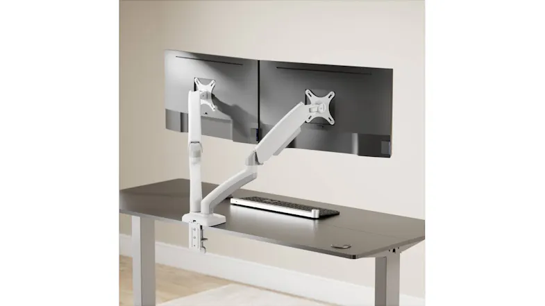 Rear view of dual monitors on the arm mount, showing setup Rear view of dual monitors on the arm mount, showing setup