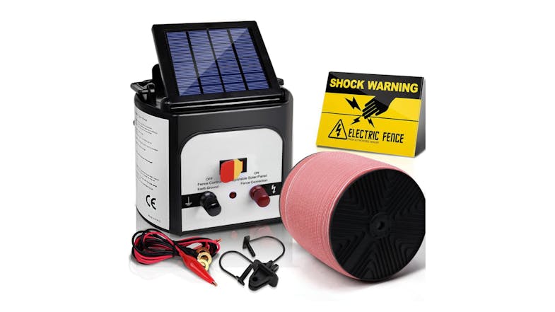 Solar-powered electric fence kit with control box, warning sign, wire spool, and connectors Solar-powered electric fence kit with control box, warning sign, wire spool, and connectors