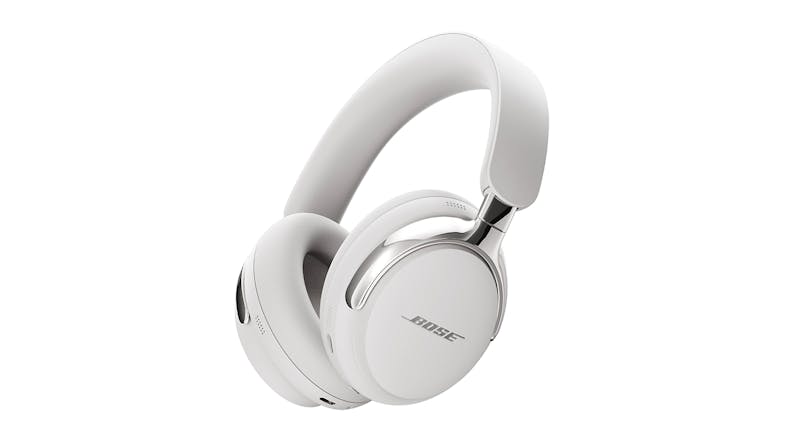 An angled left side view of the white Bose wireless over-ear headphone An angled left side view of the white Bose wireless over-ear headphone